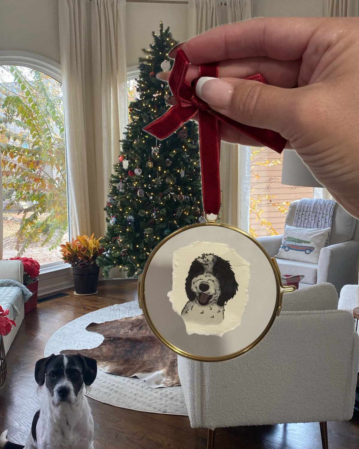 A hand holds a round Christmas ornament with a red ribbon bow in a decorated living room with a dog on the floor. The ornament features a custom black and white portrait of a dog inside.