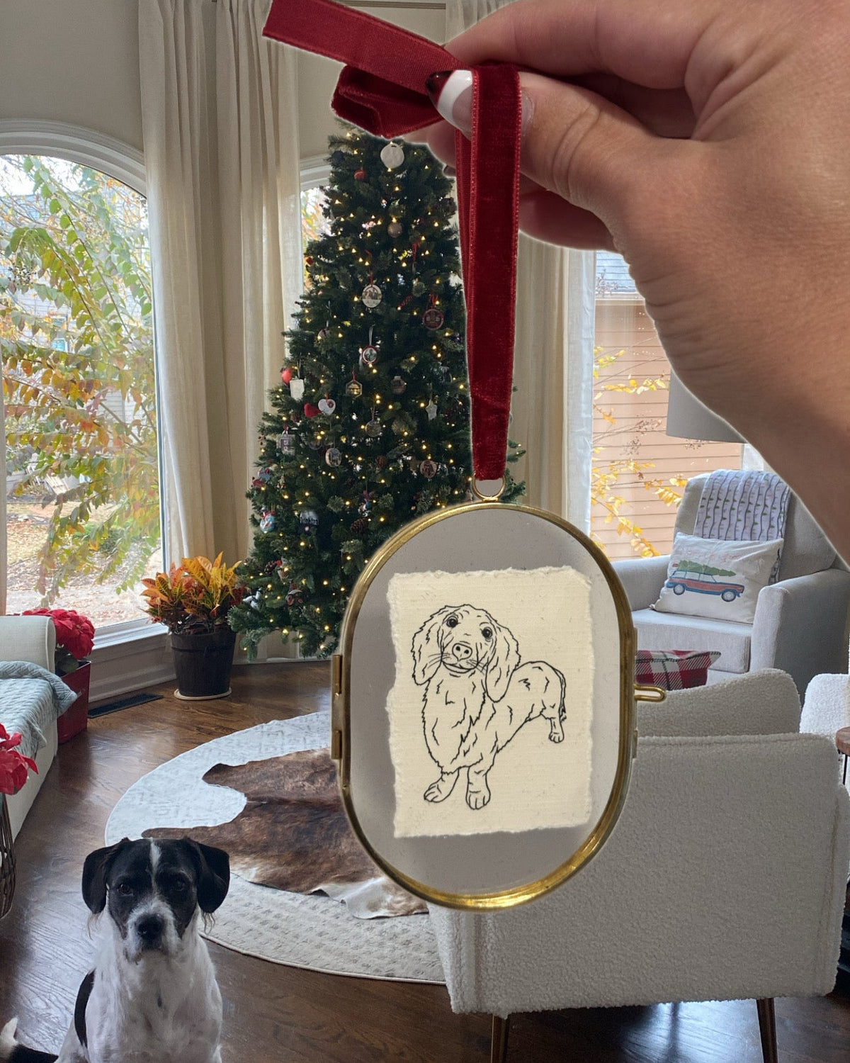 A hand holds a round gold-framed ornament with a red ribbon hanger in a decorated living room. The ornament features a black ink sketch of a dachshund on a white background.